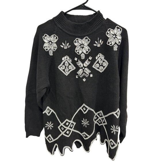 Vintage Black Sweater Beaded Rhinestone Floral Scalloped Hem Pronto Moda Size L - Picture 1 of 10